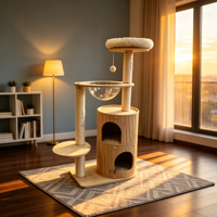 Arbre à chat en bois DuoDen à double étage, avec double entrée, maison pour chat, capsule spatiale, poteaux à gratter en sisal, emballé en carton, pour usage intérieur
