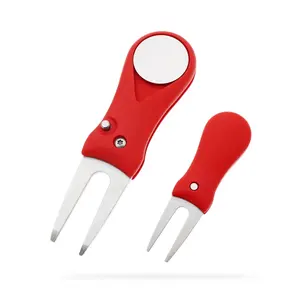 Golf Foldable Golf Divot Tool with Pop-up Button & Magnetic Ball Marker Tool Pitch Repair Kit Golf Club Spring Assisted Open