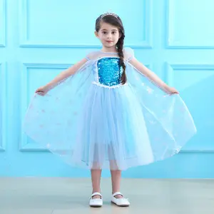 E12高品質の冷凍の女の子のコスチューム光沢のあるスパンコールは青い色の女の子のパーティーファッションダンスドレスを飾る