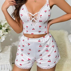 Conjunto de Dos Piezas con <span class=keywords><strong>Tirantes</strong></span> y Estampado de Cerezas, Sexy, Escote Profundo en V, Ropa de Casa para Mujer - Product Image 3