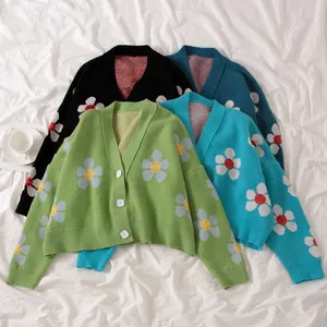 Preppy cardigans femininos elegantes, casaco casual curto com decote em v, solto, estampa de flores, casaco feminino