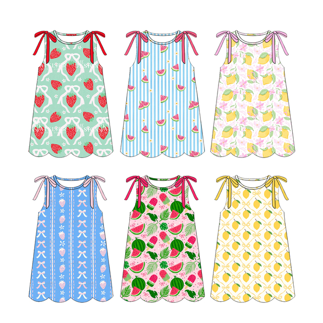 Preorder Little Baby Girls Sleeveless Cute Summer Fruits Bows Scallop Children Dress Fashion Customized Knee Length Dresses