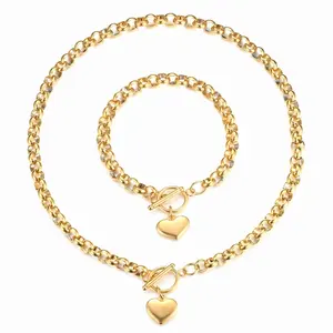 Kadınlar altın bağlantı zincirleri kolye bilezik takı seti paslanmaz çelik geçiş kalp bilezik