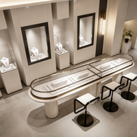 Conception d'intérieur de bijouterie de luxe sur mesure en or rose crème, éclairage LED, ensemble complet de luminaires clés en main, vitrine murale centrale