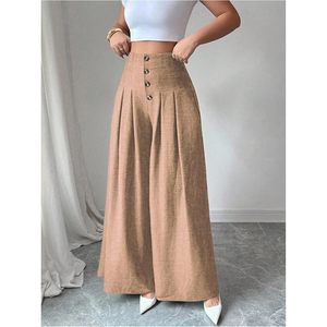 Pantalones Anchos de Cintura Alta para Mujer, Personalizados, de Crepé, Antiarrugas, con Botones al Frente, Elegantes e Informales - Product Image 3