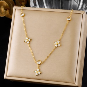 Gold Plated Flower Pendant Necklace With Diamond Accents Clavicle Chain For Women Daily Wear Gift Jewelry - Product Image 1