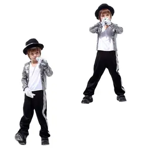 Michael Jackson kostümleri erkek çocuk Cosplay kıyafetler için sahne üniforma payetler parlak karnaval ceket tam Set