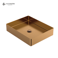 Lavabo Rectangular de Acero Inoxidable 304 para Colocar Sobre Encimera, Acabado Cepillado PVD, Diseño Mediterráneo, Colección Studio