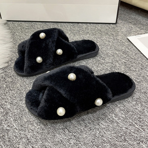 Pearl Cross Slippers Autumn PVC Casual Flat Slippers Keep Warm - Product Image 5