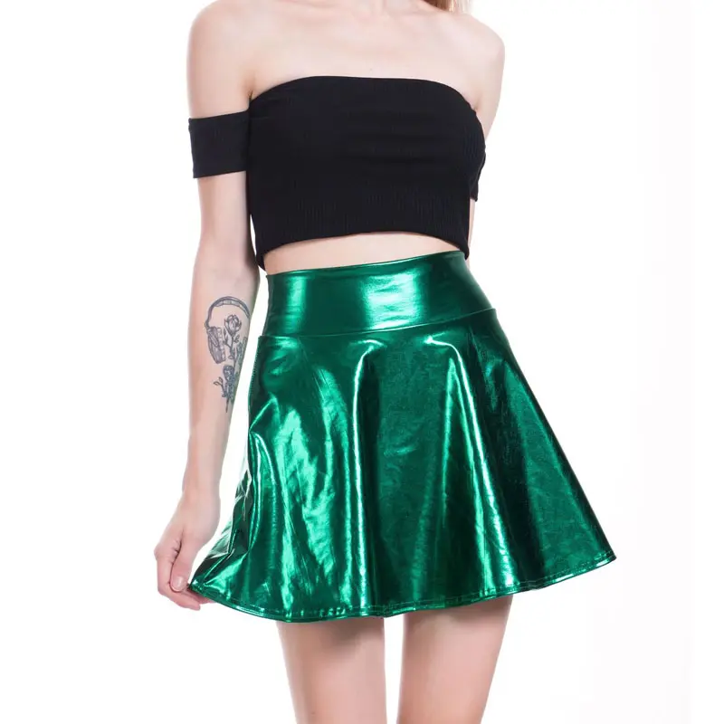 Womens pu leather shiny skater skirts ladies high waist mini skirt