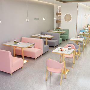 Canapé de restaurant bleu ciel avec structure dorée angulaire, ensemble de canapé et table carrée en marbre, banquette pour centre commercial et café - Product Image 4
