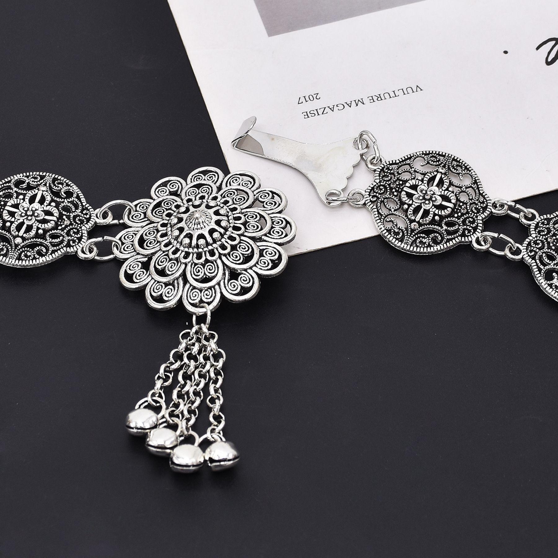 Bohemian Silver Plated Carved Flower Bell Tassel Dance Waist Chain