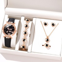 Set Perhiasan Wanita 5PCS: Jam Tangan, Cincin Kupu-kupu, Kalung, Anting, Jam Tangan Berlian Hati, dan Gelang Kasual