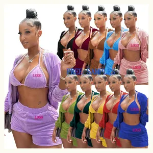 2023 custom bra and shorts seamless women's sets new fall New Solid Velvet Hooded 3 piece set women