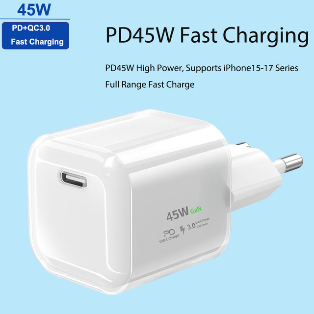 Mini 45W GaN PD USB C Charger EU Plug High Speed Fast Charging Power Adapter With Full Safety Protection for Smartphone Tablet