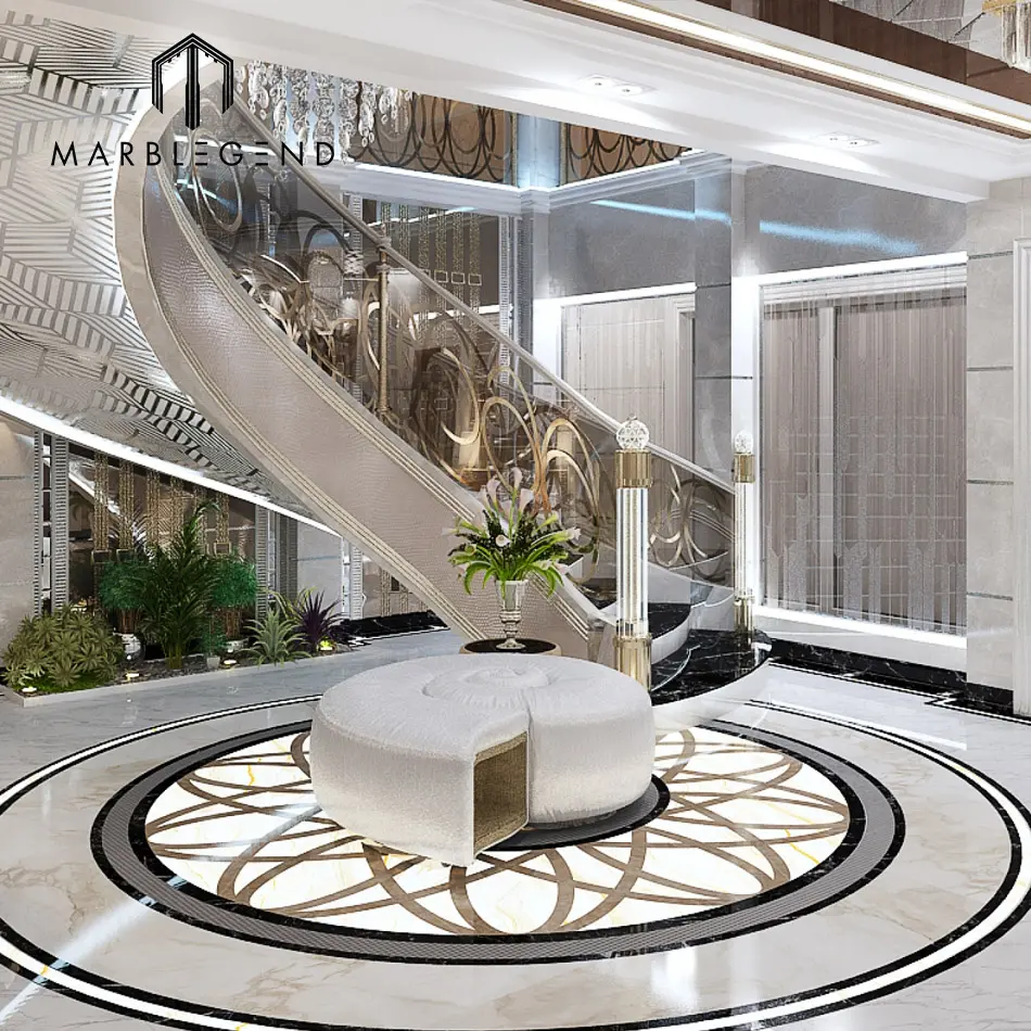 Hot sale white marble medallion villa modern nice waterjet carpet inlay
