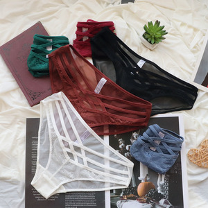 Lencería Sexy de Encaje para Mujer, con Tirantes, Hueca, de Cintura Baja, Transparente, de Malla, Tipo Triángulo - Product Image 3