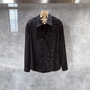 Camicia a maniche lunghe da uomo autunno Versatile alla moda da uomo con Design paillettes di fascia alta in bianco e nero - Product Image 3