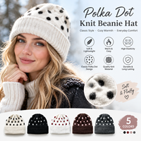 Bonnet en tricot à pois vintage pour femme, chapeau d'hiver moelleux, bonnet chaud en jacquard à bord large côtelé