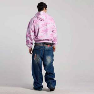 Sudadera con capucha de forro polar para hombre, personalizada, con cremallera bidireccional, estilo vintage, lavado ácido, camuflaje Bottomland Leaf Woodland, color rosa - Product Image 2