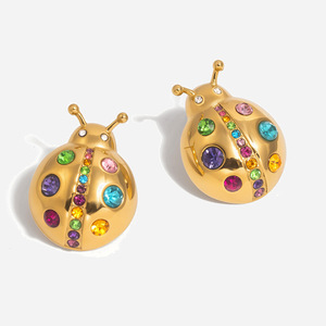 Pendientes de Mariquita con Circonitas de Colores, Chapados en Oro de 18K, Acero Inoxidable, Diseño de Insecto, Joyería para Uso Diario - Product Image 1