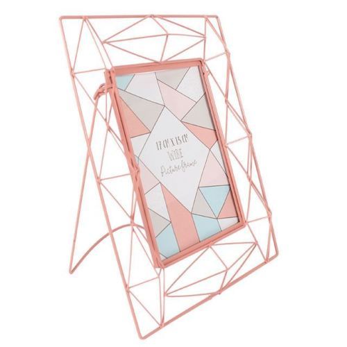 Wholesale Geometric pink Powder Coated Metal Wire Photo Frame with Stand on Table