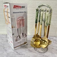 Accessoires de cuisine de haute qualité en gros, ensemble de 7 ustensiles de cuisine en acier inoxydable avec manche en céramique