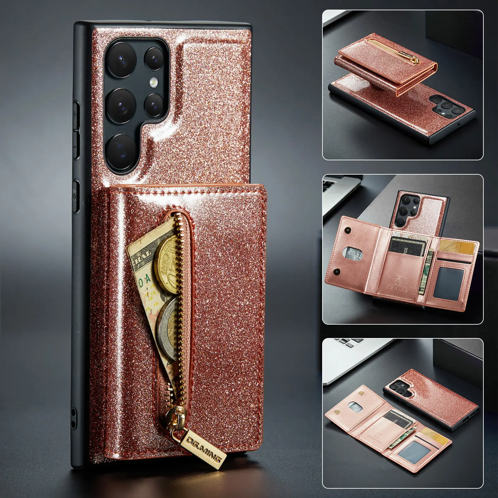 Shockproof 2 in 1 Detachable Bling Pu Leather Wallet Card Holder Magnetic Cover For Samsung S23 Ultra Z Fold 5 Case