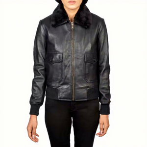 Veste en cuir véritable noir pour femme, col en fourrure, en peau de mouton, ourlet côtelé, poches à rabat boutonnées, style bomber, vêtement d'extérieur chaud personnalisé pour l'hiver - Product Image 1