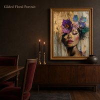 Tableau mural abstrait moderne de luxe, portrait de femme, imprimé floral doré et visage violet, 40x80cm, toile imperméable et écologique