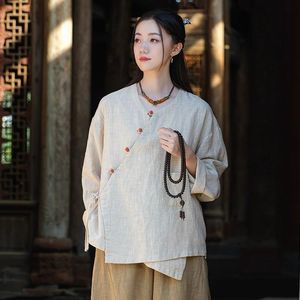 Women's Cotton Linen Shirt V-Neck Wrap Tie Long Sleeve Chinese Zen Style Top Maben Dark Green Everyday Wear - Product Image 2
