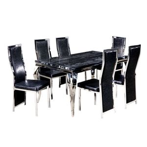 Bộ bàn ăn hình chữ nhật hiện đại bằng đá cẩm thạch và ghế ăn bằng thép không gỉ & da PU đen dành cho nhà bếp, khách sạn, phòng tiệc - Product Image 1