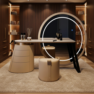 Ensemble coiffeuse compact moderne européen en bois massif avec miroir éclairé et tabouret, gain de place, multifonction, pour chambre à coucher - Product Image 4