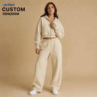 Ensemble de survêtement molletonné pour femme, coupe ample et épaisse, avec sweat à capuche zippé et pantalon de survêtement large, couleur unie, coupe courte et carrée