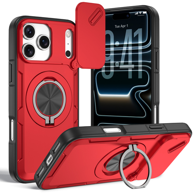Luxury Design Defender Phone Case for iPhone 17 Pro Max Slim Magnetic Shockproof Case with 360 Ring Stand Camera Protection