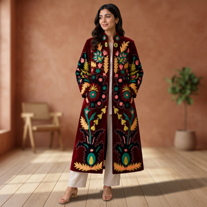 <b>Women</b> Hand Embroidered Suzani Velvet <b>Coat</b> Deep Burgundy Red Floral Paisley Motif Long Duster Jacket Open Front Kimono Robe Boho - Product Image 3