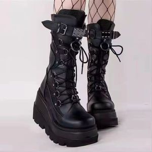 Botas de motociclista <span class=keywords><strong>Demonia</strong></span> con plataforma de 9.5 cm de grosor, botines estilo gótico oscuro para mujer, botas de montar negras mate. - Product Image 1