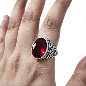 Anillo de Plata de Ley 925 con Gran Gema de Granate Natural para Hombre, Piedra de Nacimiento de Enero, Estilo Turco Gypsy, Forma Ovalada - Product Image 3