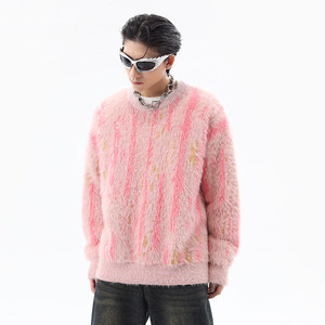 Custom Vertical Stripe Faux Mohair Crew Neck Sweater Unisex <b>Oversized</b> <b>Fluffy</b> Fuzzy Knitted Pullover Streetwear Knit <b>Jumper</b> - Product Image 2