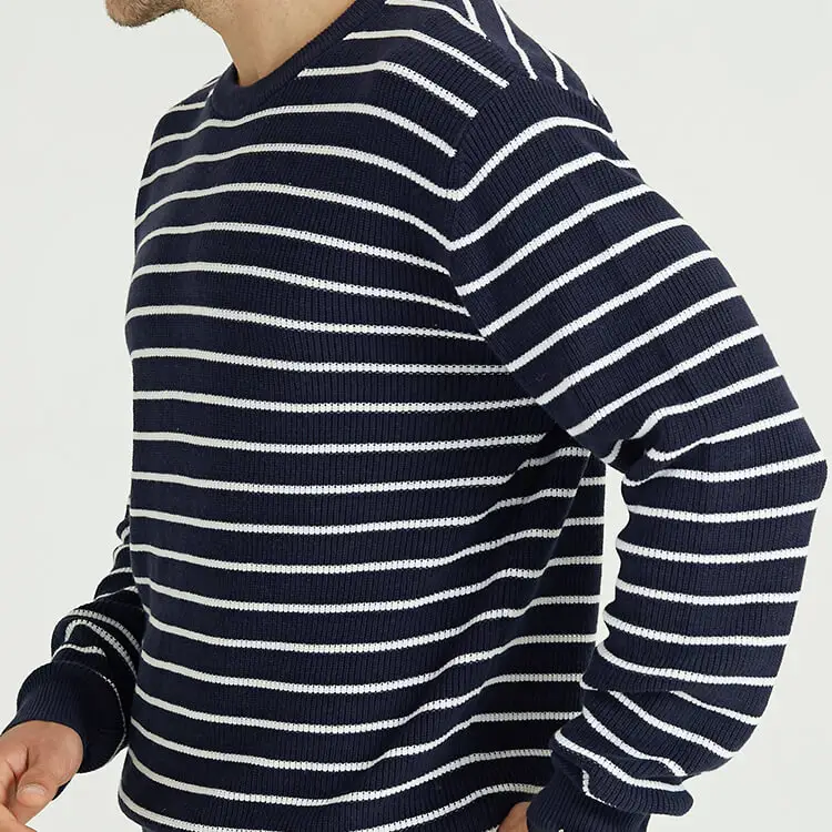 Knitwear Factory Mens Custom Jumper Winter 100% Organic Cotton Navy Blue Striped Crewneck Long Knitted Pullover Sweater For Male