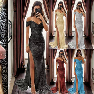 2025 elegantes vestidos De graduación De lentejuelas para mujer, vestidos Maxi De noche con abertura De sirena y hombros descubiertos personalizados para fiestas De verano, batas De fiesta - Product Image 3