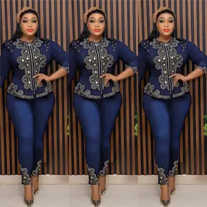 2023 African plus size Beaded Denim Sets Women's jeans Coat and Pants Two Piece sets Slim Fashion jeans coat and pants for women