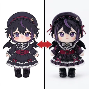Muñeca de Peluche Personalizada Estilo Gótico Lolita, Diseño Chibi Oscuro, Cabello Morado con Rayas, Alas de Murciélago, Calavera, Lazo, Vestido con Volantes, Boina, Prototipo - Product Image 1