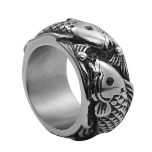European American Style <b>Titanium</b> Steel Fish Wave <b>Ring</b> Men's Punk Retro Jewelry Gift Silver Color - Product Image 4