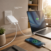 Chargeur rapide PowerEric EU Plug PD65W Gan avec PD3.0, câble rétractable pliable, 2 ports USB pour ordinateur portable