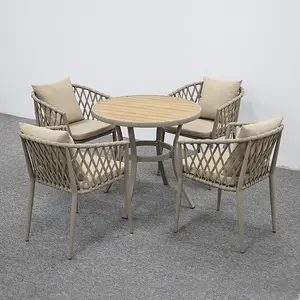 Birdies Factory Round Table and 4 pcs Rope Chairs Stock Outdoor Bistro Wood Plastic Table And Chair Sets