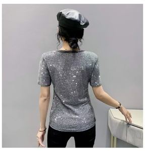 Ropa de Verano para <span class=keywords><strong>Mujer</strong></span>, Camisetas con Pedrería Brillante, Camisetas Negras con Diamantes Plateados para <span class=keywords><strong>Mujer</strong></span> - Product Image 2