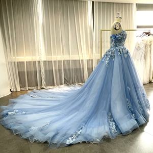 लंबी वियोज्य स्कर्ट के साथ 2 पीस ब्लू प्रिंसेस बॉल गाउन फ्लोरल एप्लिक शॉर्ट प्रोम ड्रेस - Product Image 4