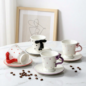 Customized Bow-Tie Porcelain Coffee <b>Cup</b> <b>Saucer</b> Set Floral Polka Dot Design Hand-Painted Classic Aesthetic Eco-Friendly - Product Image 2