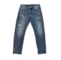 Jean droit déchiré pour homme, bleu délavé, effet usé, cinq poches, coupe affinée, décontracté, personnalisable OEM